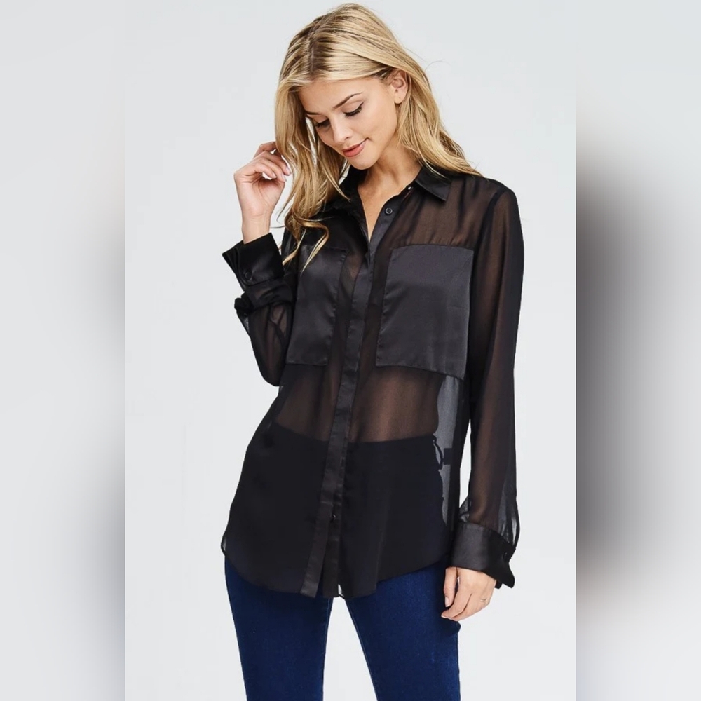 Sheer Blouse With Satin Contrast Black